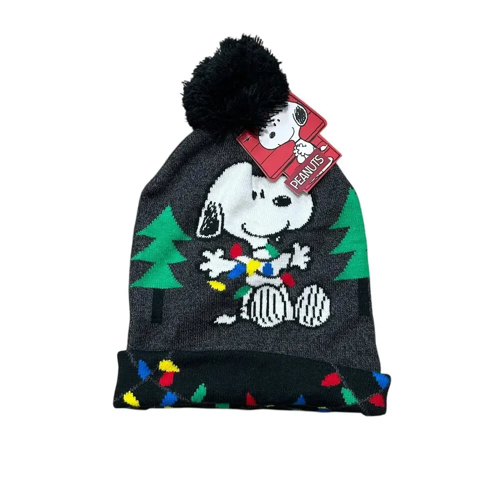Peanuts Snoopy Christmas Lights Pom Pom Knit Hat Unisex OS Black Multi Cozy